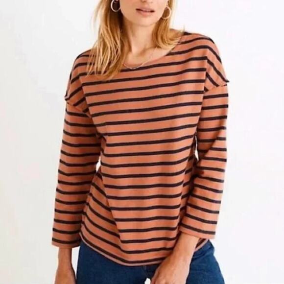 MADEWELL LUXE LONGSLEEVE TEE IN CASLER STRIPE RUST ORANGE‎ NAVY BLUE SIZE S - Picture 1 of 5